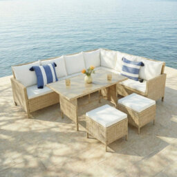 Thalia Rattan Garden Corner 8 Seater Outdoor Dining Set With Glass Table. Natural Premium Rattan With Weatherproof Cushions - thumbnail 1
