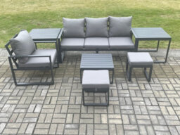 Fimous Aluminium Outdoor Garden Furniture Set With Coffee Table 2 Side Tables 2 Small Footstools Conservatory Set - thumbnail 2