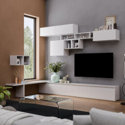 Decorotika Burgos Moduler Modern Tv Unit Wall Mount Customizable Layout High Gloss White - thumbnail 2