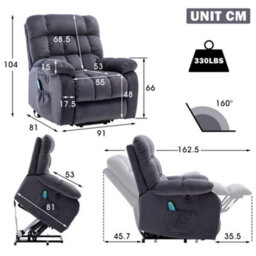 Btm Grey Electric Power Lift Recliner, Massage & Heat, 2 Side Pockets, Usb Ports, Overstuffed Fabric, Recliner For Living Room - thumbnail 3