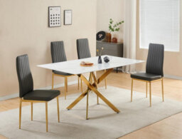 Furnizone UK Auric 6-Seater White Marble-Effect Glass Dining Table And 6 Glitz Grey Faux Leather Chairs