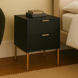 Home Treats Ridged Bedside Table Set Of 2 Black Wooden 2 Drawer Side Table Gold Handles 63 X 50 X 40 Cm
