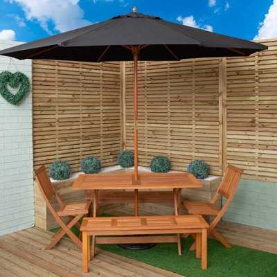 Samuel Alexander Outdoor 6 Person Rectangular Wooden Garden Dining Table, 2 Benches, Chairs With Black Parasol And Base Set - image 1