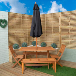 Samuel Alexander Outdoor 6 Person Rectangular Wooden Garden Dining Table, 2 Benches, Chairs With Black Parasol And Base Set - thumbnail 2