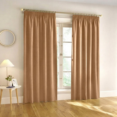 Aspire Homeware Beige Plain Blackout Curtains Room Darkening Pencil Pleat Curtain Pair (W)168Cm X (D)183Cm With Tie Back Pair - image 1