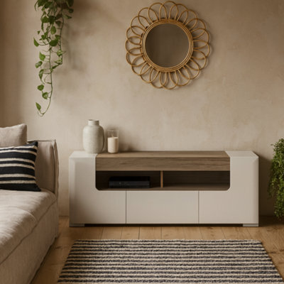 Wyld Haus Porto 140Cm Gloss White Tv Cabinet With Oak Detail, 2 Doors & 1 Drawer - image 1