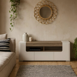 Wyld Haus Porto 140Cm Gloss White Tv Cabinet With Oak Detail, 2 Doors & 1 Drawer - thumbnail 1