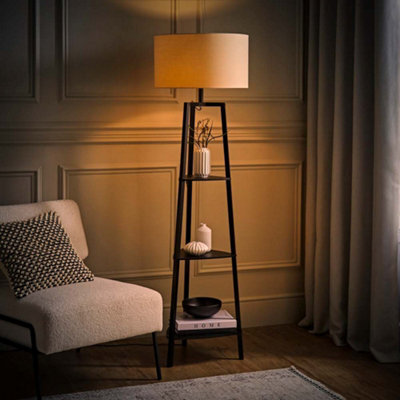 Valuelights Hiru Black 3 Tier Shelf Floor Lamp With Cream Shade And Bulb - image 1