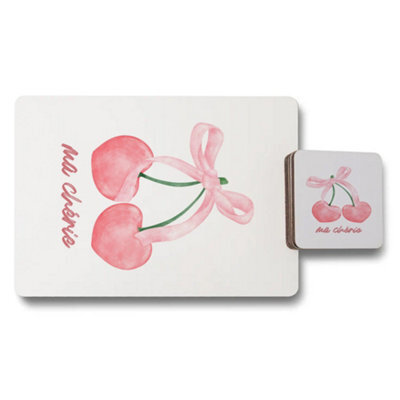 Benjamin Tate Design Ma Cherie Placemat And Coaster Set Cherry Print Collection Luxury Wood Base Limited Edition - image 1