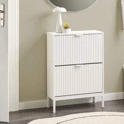 Wyld And Coco Novahome Shoe Storage Cabinet White Mdf 2 Pull-Down Compartments Fluted Front Slim Legs W60 X D24 X H85Cm - thumbnail 2