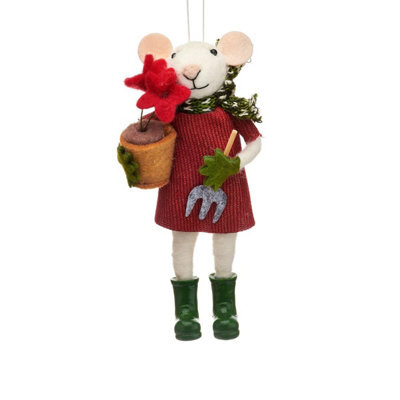 Sass & Belle Christmas Felt Gardening Mouse Hanging Decoration With Red Flower Pot, 15.5 X 7 Cm