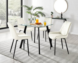 Furniturebox Seattle Scandi Inspired Glass And Black Metal Leg Square Dining Table & 4 Cream Pesaro Velvet Black Leg Chairs