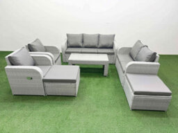 Fimous Pe Rattan Garden Furniture Set Adjustable Chair Sofa Double Love Seat 2 Seater Sofa Lounge Set 2 Big Footstool Light Grey - thumbnail 1