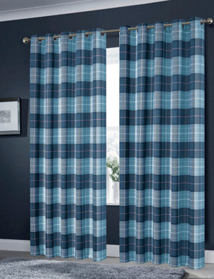 Printed Check Curtains In Teal, 167Cm X 228Cm