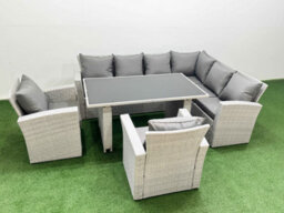 Fimous Outdoor Garden Furniture Sets 8 Seater Wicker Rattan Corner Sofa Sets With Rectangular Dining Table 2 Armchair Light Grey