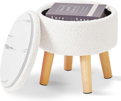 Oira 13 Inch Small Footstool Ottoman With Storage, Round Pouffe Foot Rest With Padded Seat And Wood Legs, Teddy Velvet Mini Footstool - image 1