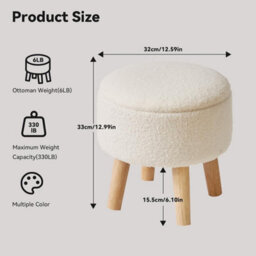 Oira 13 Inch Small Footstool Ottoman With Storage, Round Pouffe Foot Rest With Padded Seat And Wood Legs, Teddy Velvet Mini Footstool - thumbnail 3