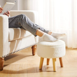 Oira 13 Inch Small Footstool Ottoman With Storage, Round Pouffe Foot Rest With Padded Seat And Wood Legs, Teddy Velvet Mini Footstool - thumbnail 2