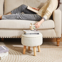 Oira 13 Inch Small Footstool Ottoman With Storage, Round Pouffe Foot Rest With Padded Seat And Wood Legs, Teddy Velvet Mini Footstool - thumbnail 7