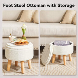 Oira 13 Inch Small Footstool Ottoman With Storage, Round Pouffe Foot Rest With Padded Seat And Wood Legs, Teddy Velvet Mini Footstool - thumbnail 5