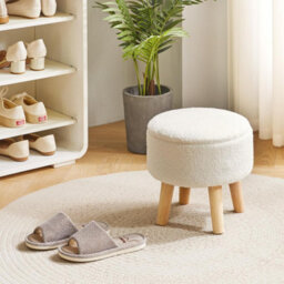 Oira 13 Inch Small Footstool Ottoman With Storage, Round Pouffe Foot Rest With Padded Seat And Wood Legs, Teddy Velvet Mini Footstool - thumbnail 6
