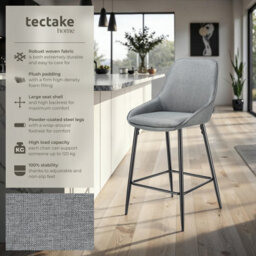 Tectake Bar Stool Siera With Backrest, Padding And Soft Fabric - Woven Fabric Grey/black, Set Of 4 - thumbnail 2