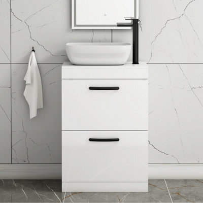 Royal Bathrooms 600mm Floor Standing Vanity Unit 2 Drawer Gloss White & Countertop Basin - Elva With Matt Black Handle - image 1
