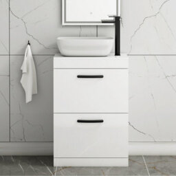 Royal Bathrooms 600mm Floor Standing Vanity Unit 2 Drawer Gloss White & Countertop Basin - Elva With Matt Black Handle - thumbnail 1