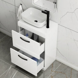 Royal Bathrooms 600mm Floor Standing Vanity Unit 2 Drawer Gloss White & Countertop Basin - Elva With Matt Black Handle - thumbnail 3