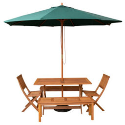 Samuel Alexander Outdoor 6 Person Rectangular Wooden Garden Dining Table, 2 Benches, Chairs With Green Parasol And Base Set - thumbnail 9