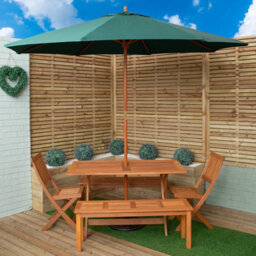 Samuel Alexander Outdoor 6 Person Rectangular Wooden Garden Dining Table, 2 Benches, Chairs With Green Parasol And Base Set - thumbnail 1