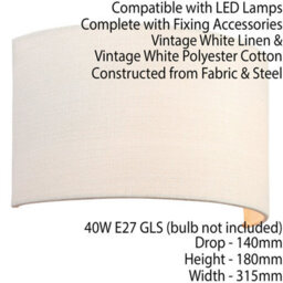 2 Pack Fabric Led Wall Light Vintage White Semi Circle Linen Shade Lamp Fitting - thumbnail 3