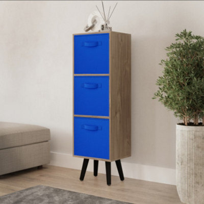 Urbn-Living Urbnliving 80Cm Height 3 Tier Oak Wooden Storage Bookcase Scandinavian Style Black Legs With Dark Blue Inserts