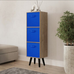 Urbn-Living Urbnliving 80Cm Height 3 Tier Oak Wooden Storage Bookcase Scandinavian Style Black Legs With Dark Blue Inserts