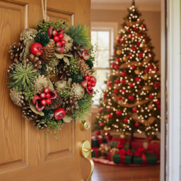 Urbn-Living Urbnliving 25Cm Red Green Gold Glitter Christmas Wreath Festive Decoration With Jute Hanger Traditional Pinecone Décor - thumbnail 3