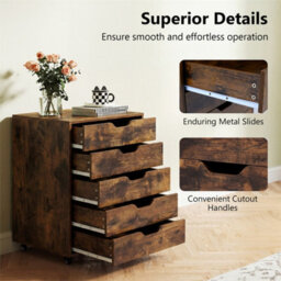 5 Drawer Filing Cabinet On Wheels Wooden Storage Cabinet With Lockable Brown - thumbnail 4