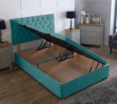 Comfy Deluxe 2Ft6 Side Lift Green Plush Velvet Ottoman Divan Base With Chesterfield Headboard