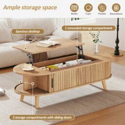 Abrihome Lift Up Oval Coffee Table With Hidden Storage, Sofa Side Table, Space-Saving End Table For Living Room Bedroom, Natural Wood - thumbnail 3