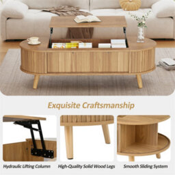 Abrihome Lift Up Oval Coffee Table With Hidden Storage, Sofa Side Table, Space-Saving End Table For Living Room Bedroom, Natural Wood - thumbnail 2