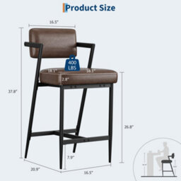 Set Of 2 Bar Stools Tall Bar Chairs With Thick Cushion & Metal Legs Upholstered Counter Height Bar Stools - Brown - thumbnail 3
