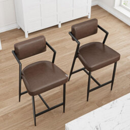 Set Of 2 Bar Stools Tall Bar Chairs With Thick Cushion & Metal Legs Upholstered Counter Height Bar Stools - Brown - thumbnail 2
