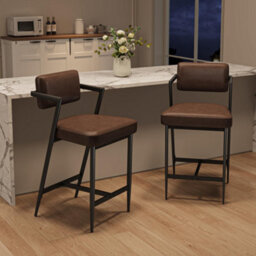 Set Of 2 Bar Stools Tall Bar Chairs With Thick Cushion & Metal Legs Upholstered Counter Height Bar Stools - Brown