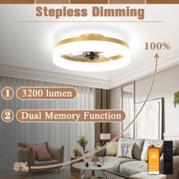 17 Inch Slim Recessed Gold Bladeless Ceiling Fan Light With Remote Control, Dimmable Led 6500K, Ideal For Bedrooms - thumbnail 5