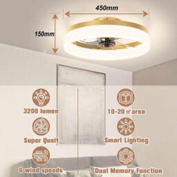 17 Inch Slim Recessed Gold Bladeless Ceiling Fan Light With Remote Control, Dimmable Led 6500K, Ideal For Bedrooms - thumbnail 3