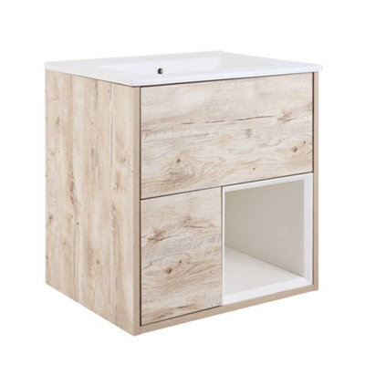 Homestylestore Light Oak 612mm Wall Hung Bathroom Vanity Unit Led Lit Open Shelf And Chalk Basin - image 1