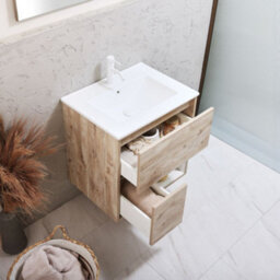 Homestylestore Light Oak 612mm Wall Hung Bathroom Vanity Unit Led Lit Open Shelf And Chalk Basin - thumbnail 2