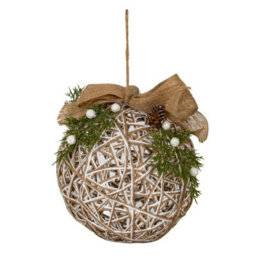 Large Led White Rattan Bauble With Branches And Ribbon Lit Ornament - thumbnail 1