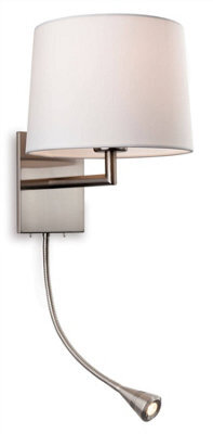 Luminosa Lighting Luminosa Grand 1 Light Indoor Wall Light With Reading Lamp Brushed Steel, Cream Shade, E27