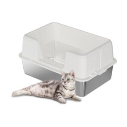 London Boutique 50X35X28Cm Stainless Steel Cat Litter Tray, Semi Enclosed High Sided Metal Cat Toilet, Removable Lid, White