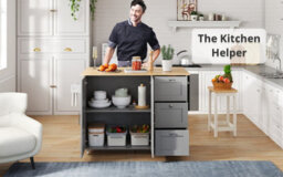 Btm Kitchen Island On Wheels, Rolling Storage Trolley, Foldable Top, 3 Drawers, 2 Doors, 135X44(70)X90Cm Grey And Natural - thumbnail 6